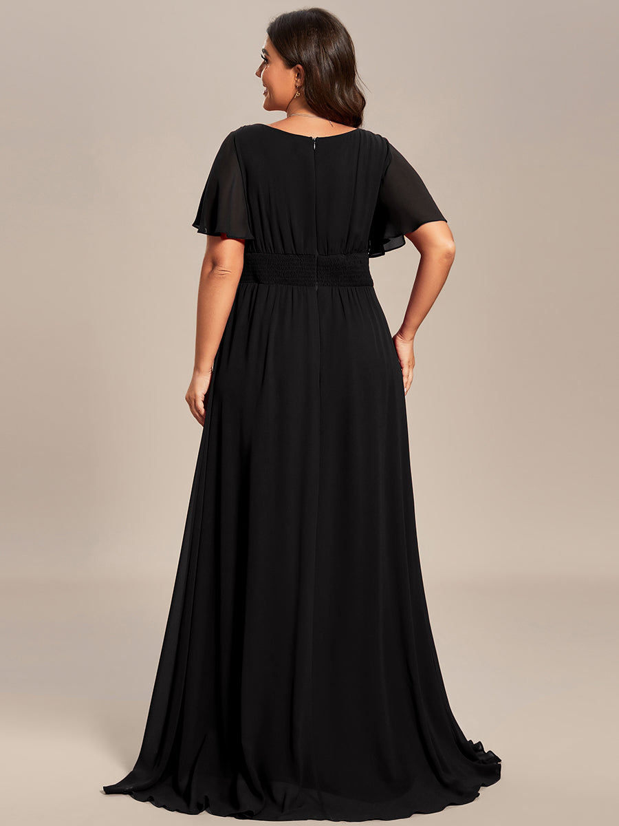 Robe D'invité De Mariage En Mousseline De Soie Mi-Longue Plissée à Manches à Volants Et Col En V  #Couleur_Noir
