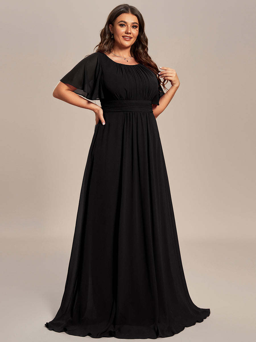Robe D'invité De Mariage En Mousseline De Soie Mi-Longue Plissée à Manches à Volants Et Col En V  #Couleur_Noir