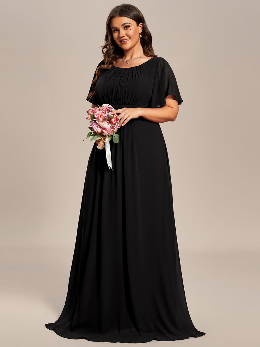 Robe D'invité De Mariage En Mousseline De Soie Mi-Longue Plissée à Manches à Volants Et Col En V  #Couleur_Noir