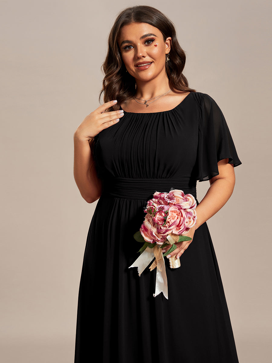 Robe D'invité De Mariage En Mousseline De Soie Mi-Longue Plissée à Manches à Volants Et Col En V  #Couleur_Noir