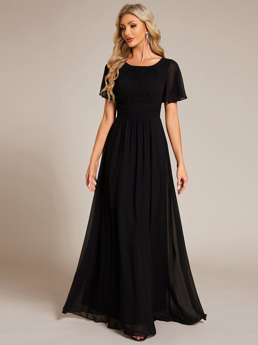 Robe D'invité De Mariage En Mousseline De Soie Mi-Longue Plissée à Manches à Volants Et Col En V  #Couleur_Noir