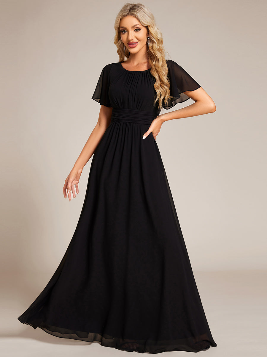 Robe D'invité De Mariage En Mousseline De Soie Mi-Longue Plissée à Manches à Volants Et Col En V  #Couleur_Noir