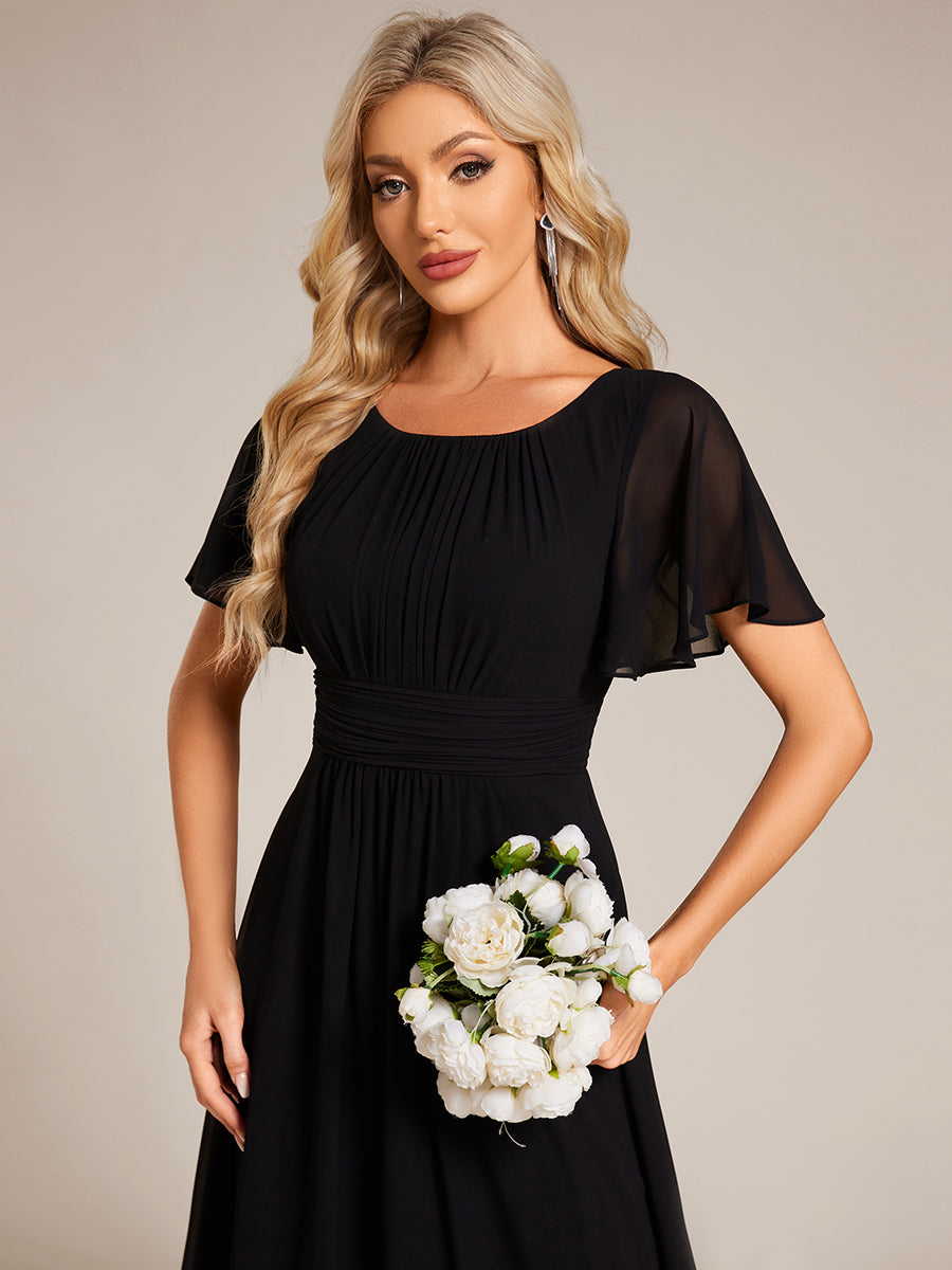 Robe D'invité De Mariage En Mousseline De Soie Mi-Longue Plissée à Manches à Volants Et Col En V  #Couleur_Noir