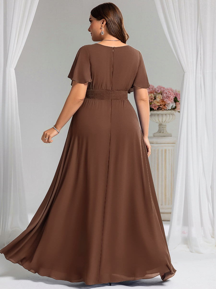 Robe de demoiselle d'honneur trapèze plissée en mousseline de soie simple, encolure ronde #Couleur_Brun