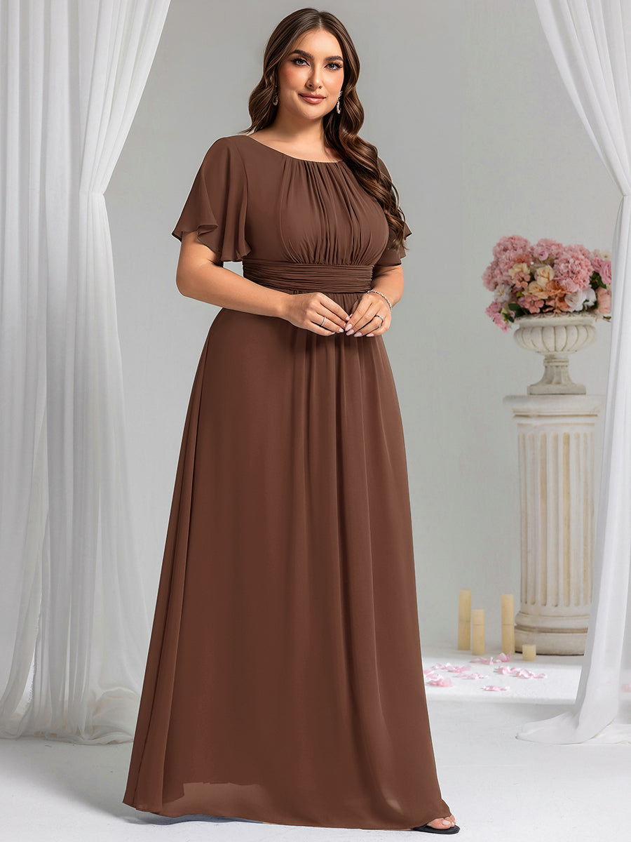 Robe de demoiselle d'honneur trapèze plissée en mousseline de soie simple, encolure ronde #Couleur_Brun