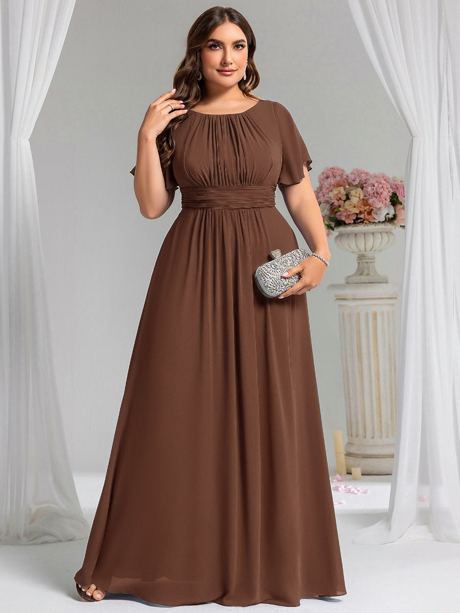 Robe de demoiselle d'honneur trapèze plissée en mousseline de soie simple, encolure ronde #Couleur_Brun