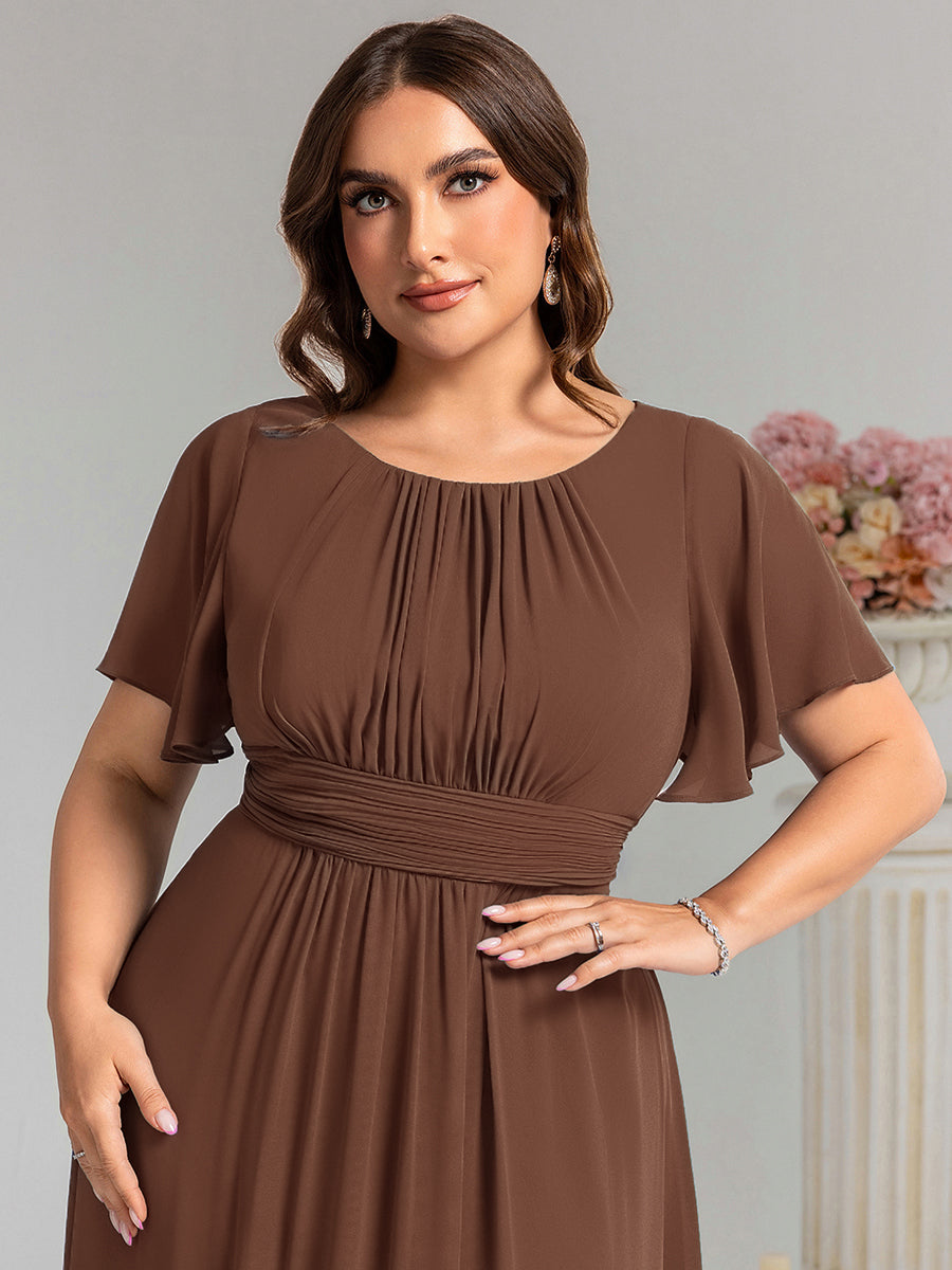 Robe de demoiselle d'honneur trapèze plissée en mousseline de soie simple, encolure ronde #Couleur_Brun