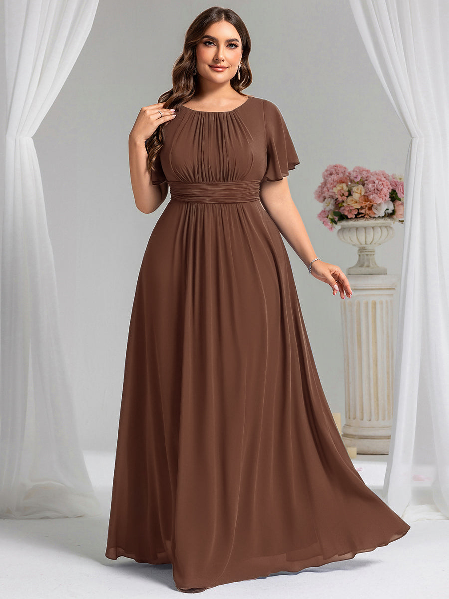 Robe de demoiselle d'honneur trapèze plissée en mousseline de soie simple, encolure ronde #Couleur_Brun