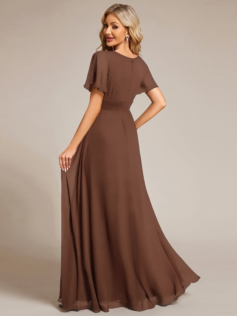 Robe de demoiselle d'honneur trapèze plissée en mousseline de soie simple, encolure ronde #Couleur_Brun