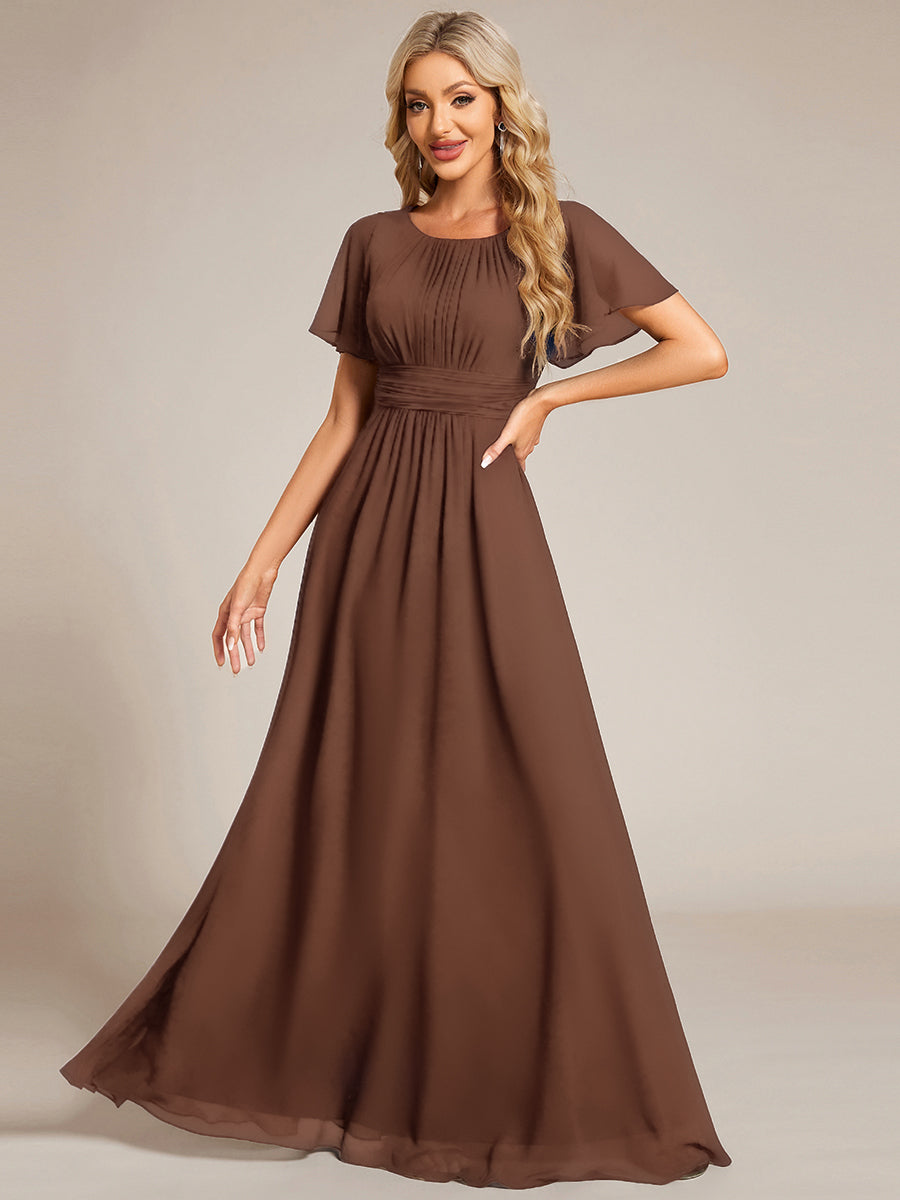 Robe de demoiselle d'honneur trapèze plissée en mousseline de soie simple, encolure ronde #Couleur_Brun