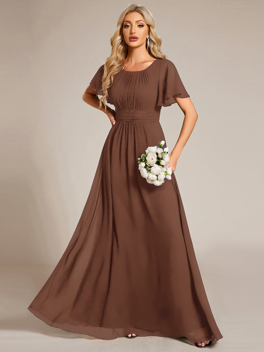 Robe de demoiselle d'honneur trapèze plissée en mousseline de soie simple, encolure ronde #Couleur_Brun