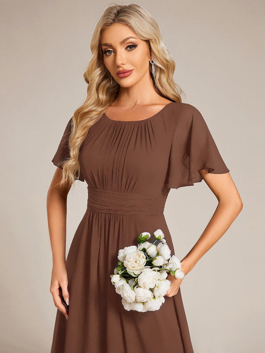 Robe de demoiselle d'honneur trapèze plissée en mousseline de soie simple, encolure ronde #Couleur_Brun