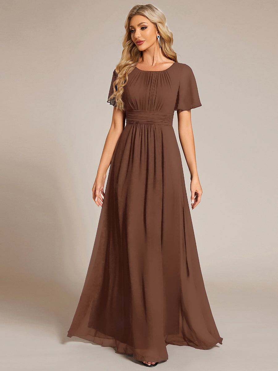 Robe de demoiselle d'honneur trapèze plissée en mousseline de soie simple, encolure ronde #Couleur_Brun