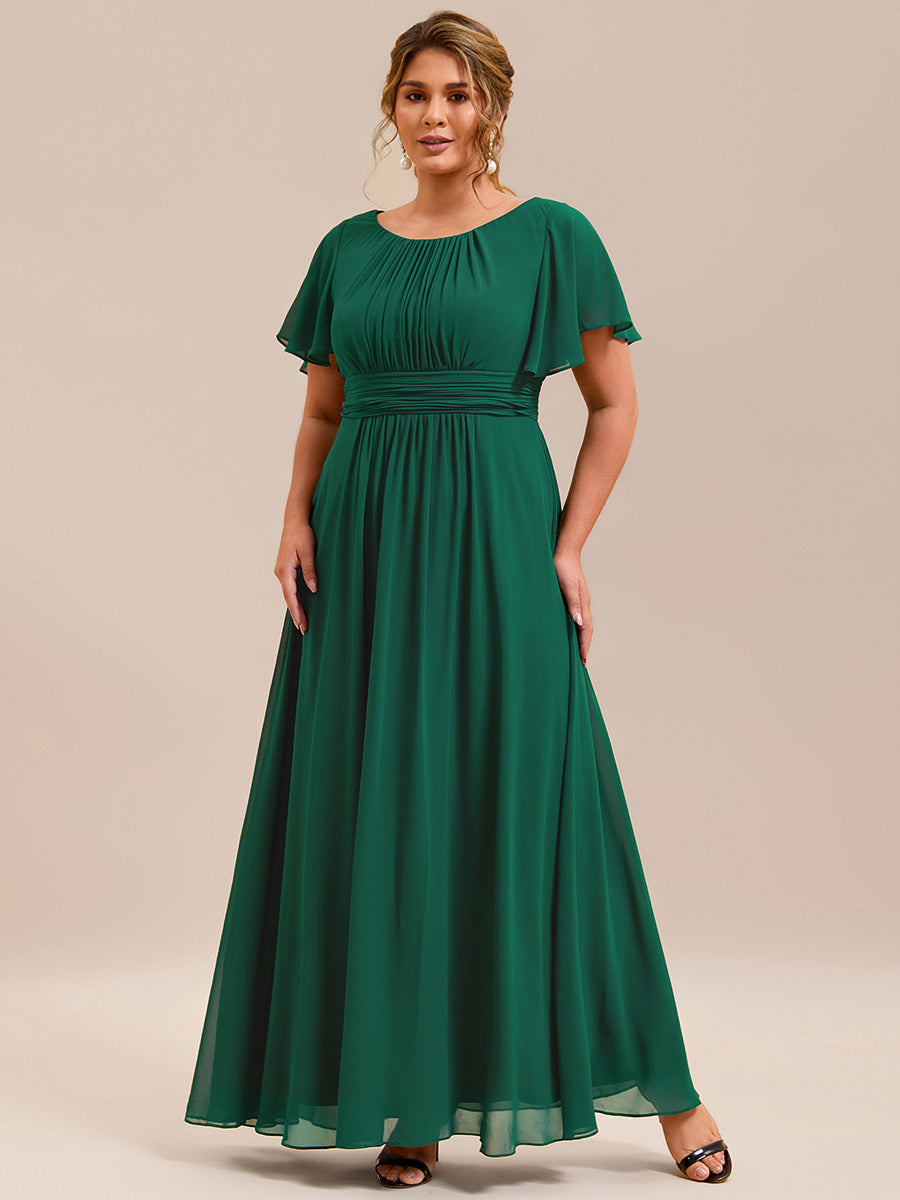 Robe D'invité De Mariage En Mousseline De Soie Mi-Longue Plissée à Manches à Volants Et Col En V  #Couleur_Vert Fonce