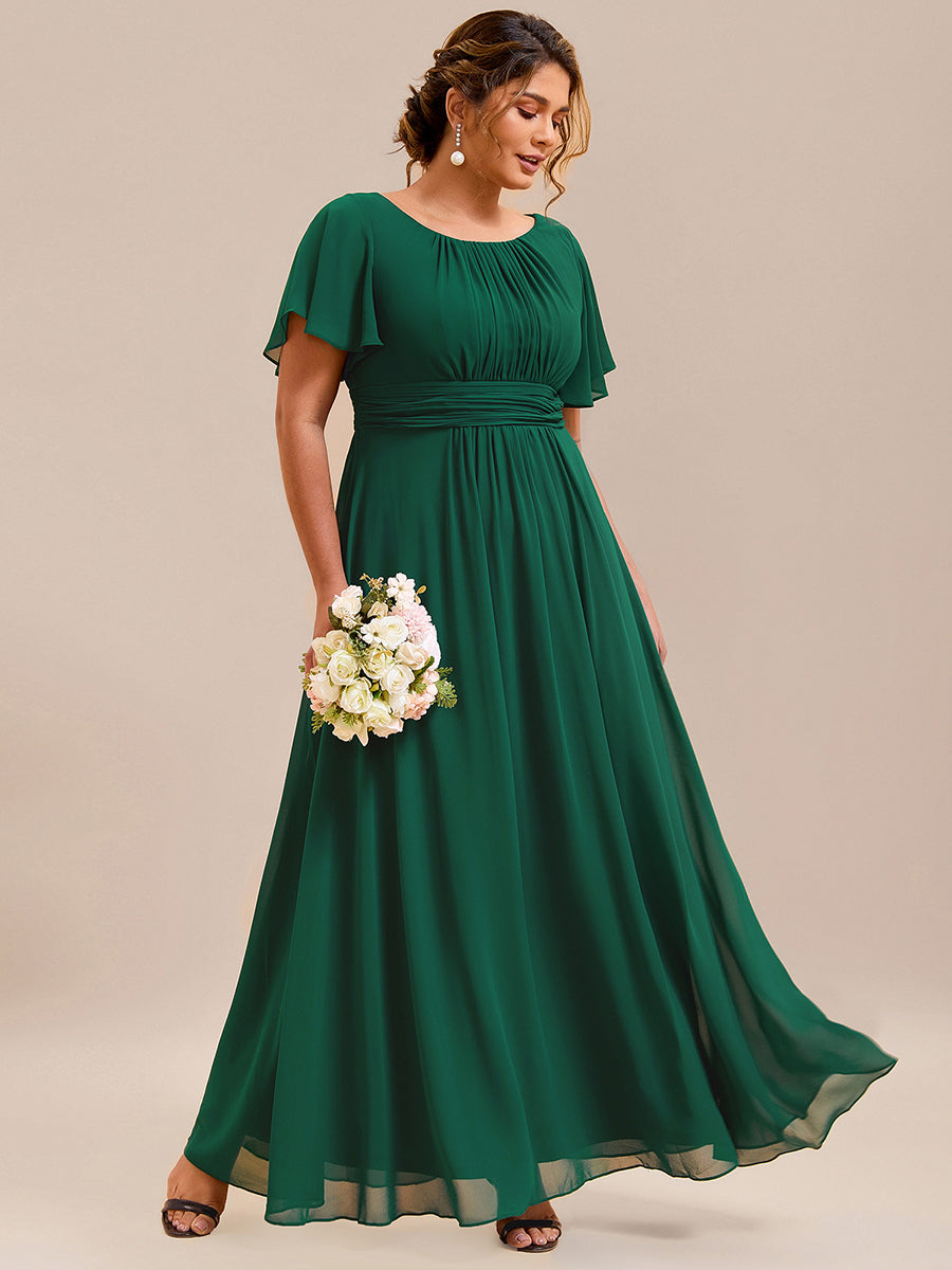 Robe D'invité De Mariage En Mousseline De Soie Mi-Longue Plissée à Manches à Volants Et Col En V  #Couleur_Vert Fonce