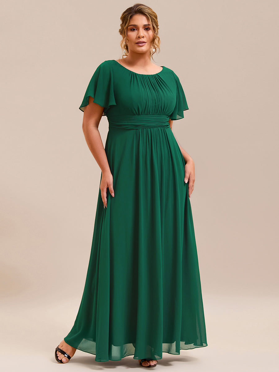 Robe D'invité De Mariage En Mousseline De Soie Mi-Longue Plissée à Manches à Volants Et Col En V  #Couleur_Vert Fonce