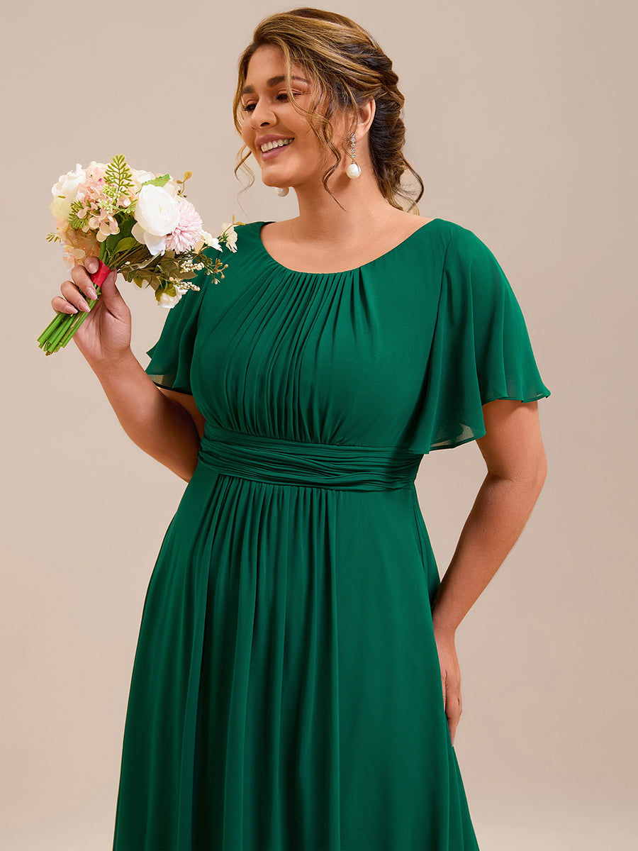 Robe D'invité De Mariage En Mousseline De Soie Mi-Longue Plissée à Manches à Volants Et Col En V  #Couleur_Vert Fonce