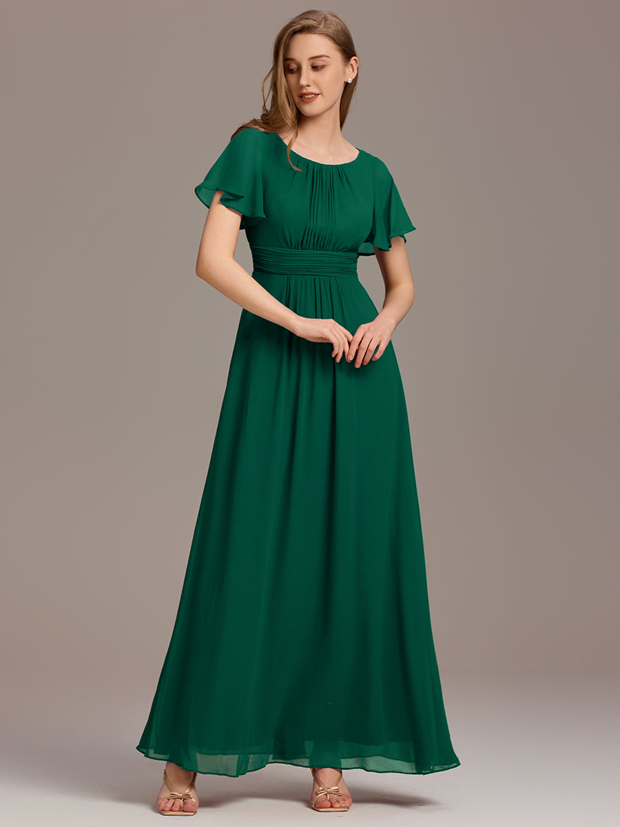 Robe D'invité De Mariage En Mousseline De Soie Mi-Longue Plissée à Manches à Volants Et Col En V  #Couleur_Vert Fonce