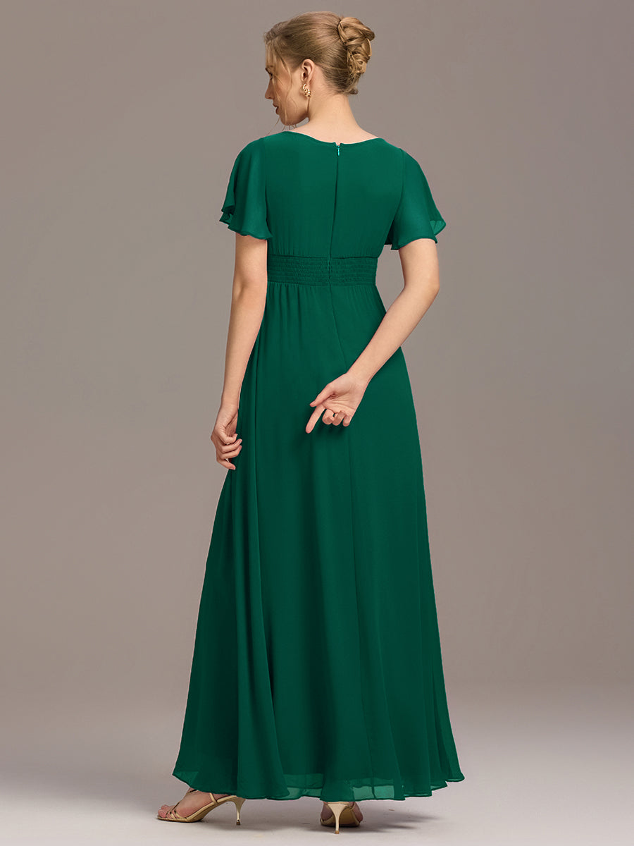 Robe D'invité De Mariage En Mousseline De Soie Mi-Longue Plissée à Manches à Volants Et Col En V  #Couleur_Vert Fonce