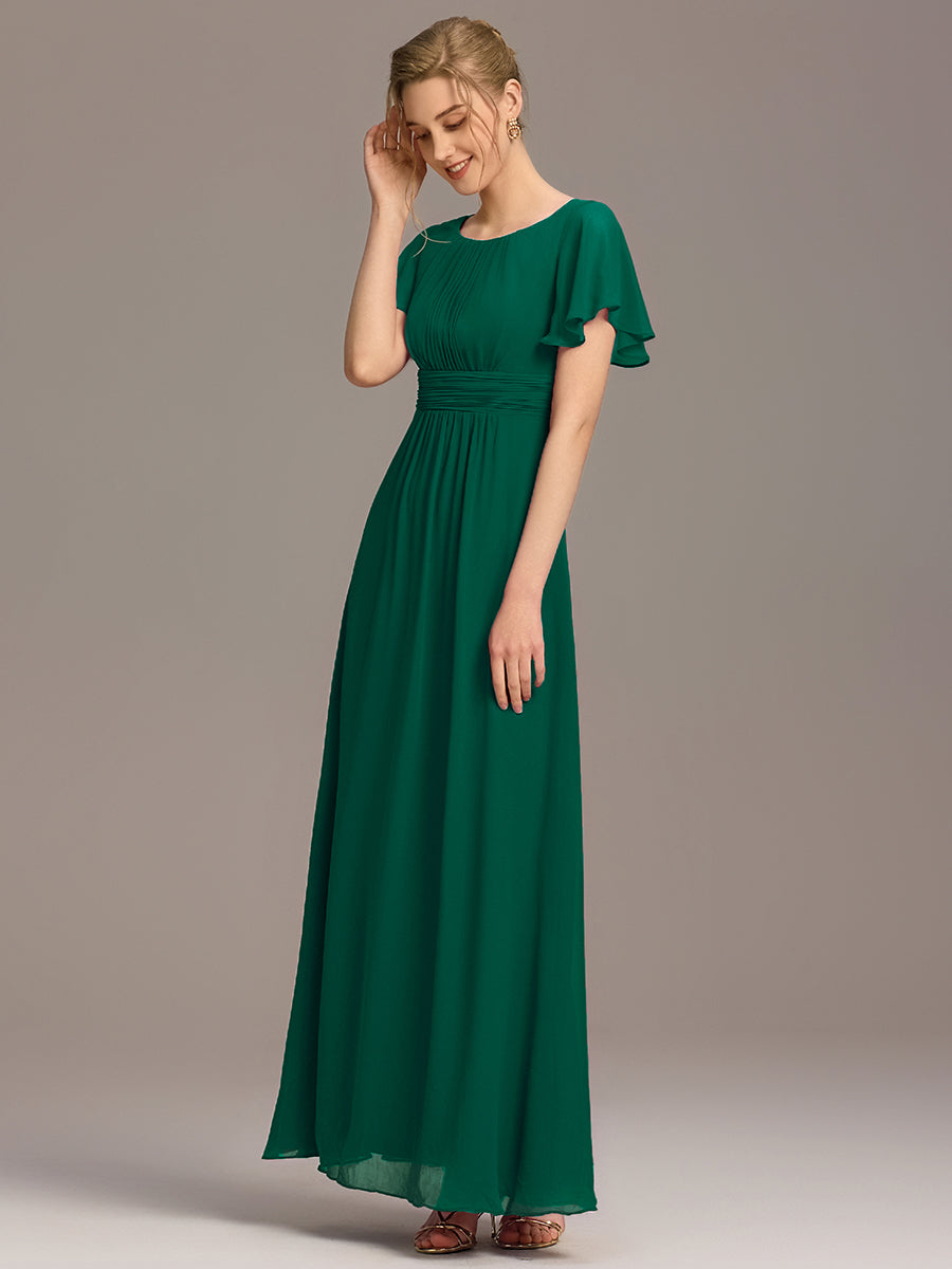 Robe D'invité De Mariage En Mousseline De Soie Mi-Longue Plissée à Manches à Volants Et Col En V  #Couleur_Vert Fonce
