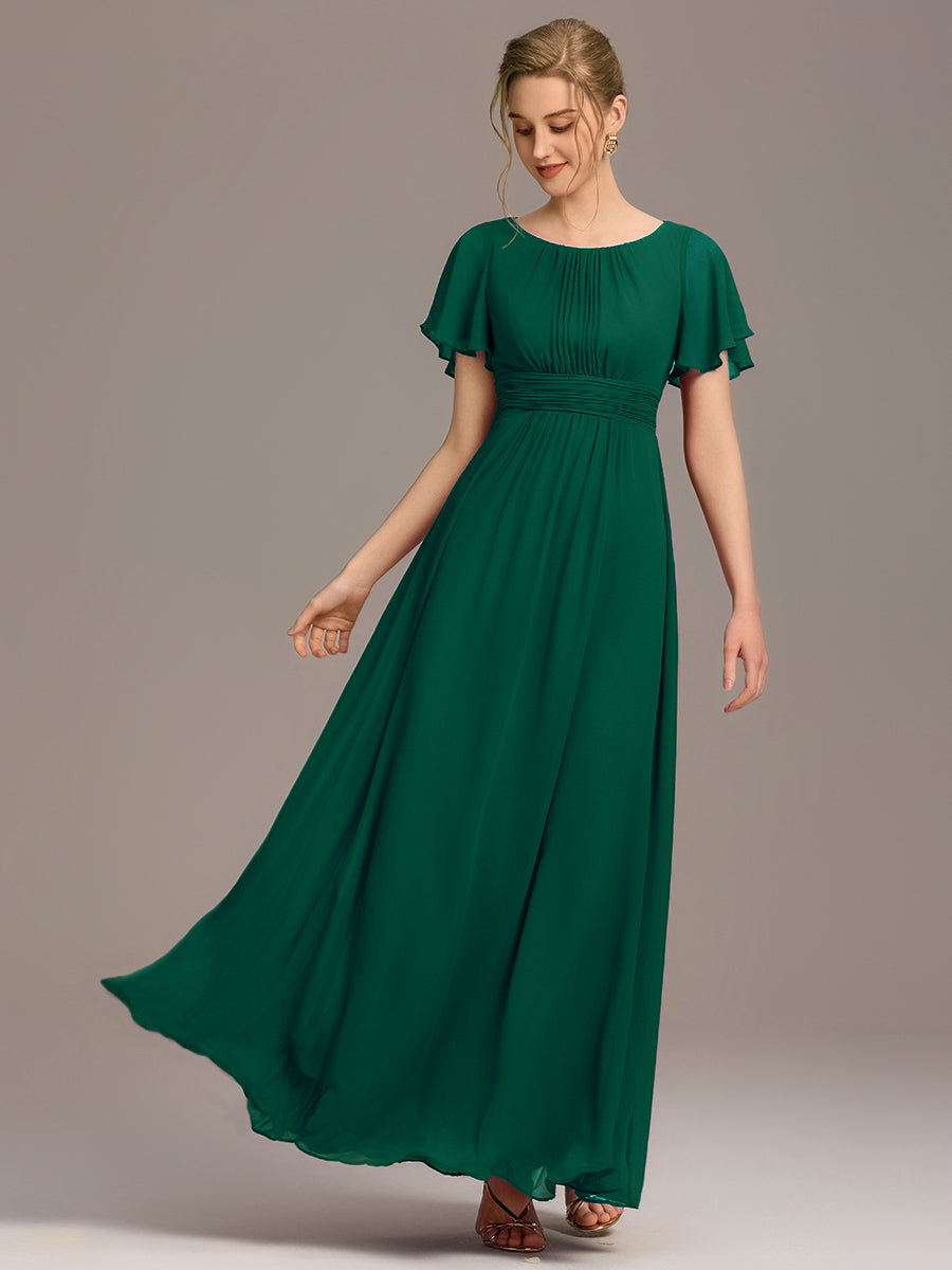 Robe D'invité De Mariage En Mousseline De Soie Mi-Longue Plissée à Manches à Volants Et Col En V  #Couleur_Vert Fonce