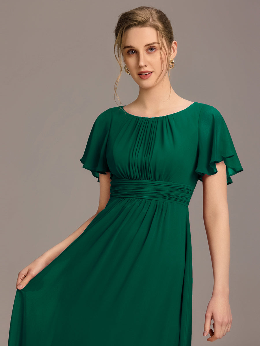 Robe D'invité De Mariage En Mousseline De Soie Mi-Longue Plissée à Manches à Volants Et Col En V  #Couleur_Vert Fonce