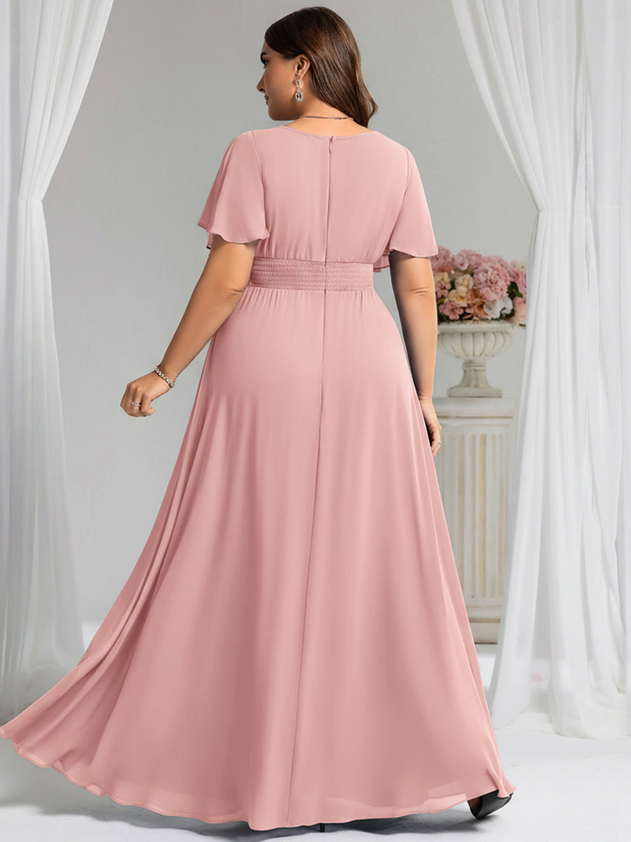 Robe de demoiselle d'honneur trapèze plissée en mousseline de soie simple, encolure ronde #Couleur_Rose fumee