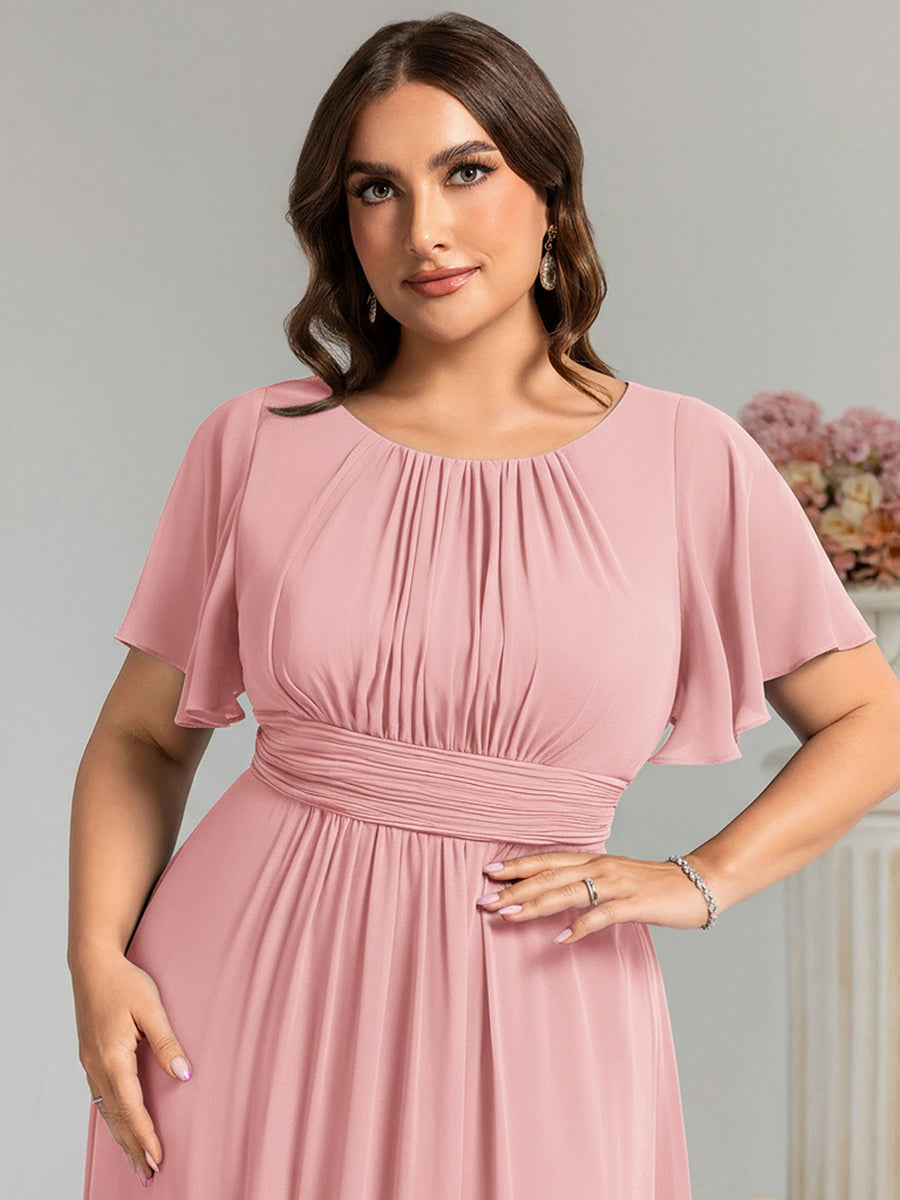 robe longue à manches courtes avec volants et plis en forme de A #Couleur_Rose fumee