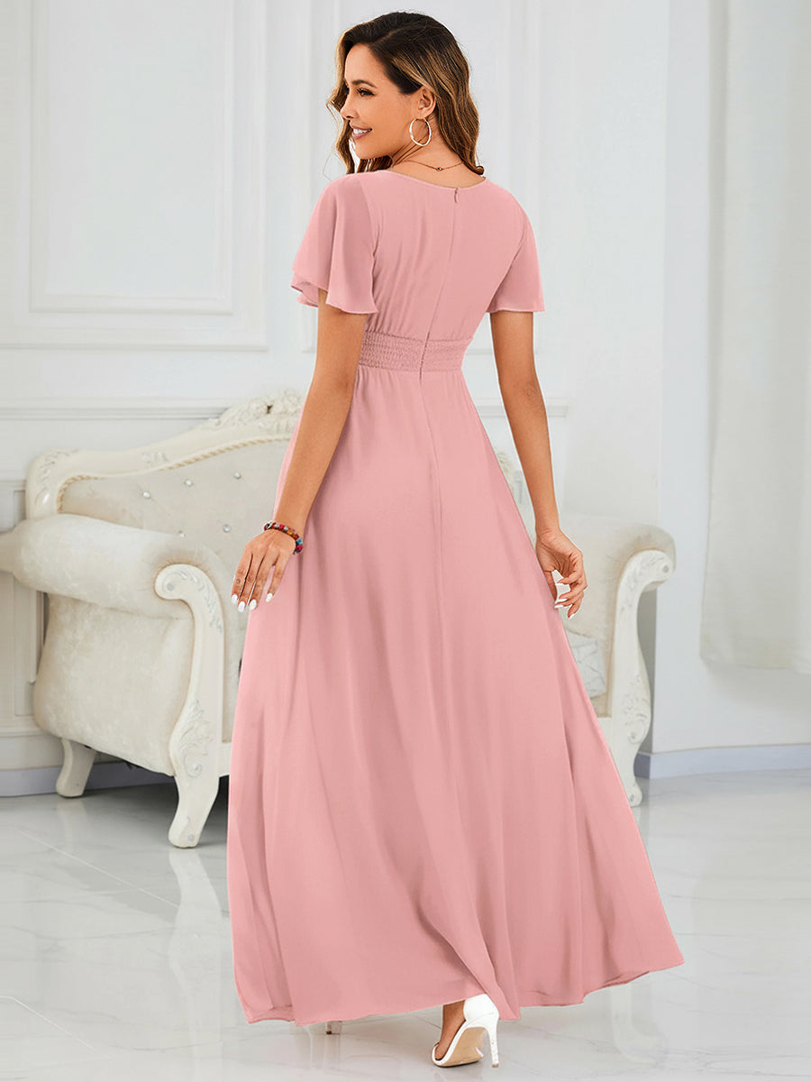 robe longue à manches courtes avec volants et plis en forme de A #Couleur_Rose fumee