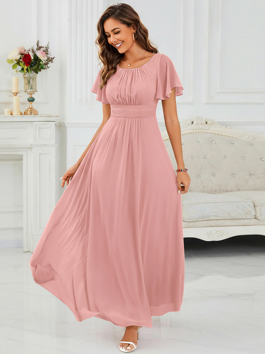 robe longue à manches courtes avec volants et plis en forme de A #Couleur_Rose fumee