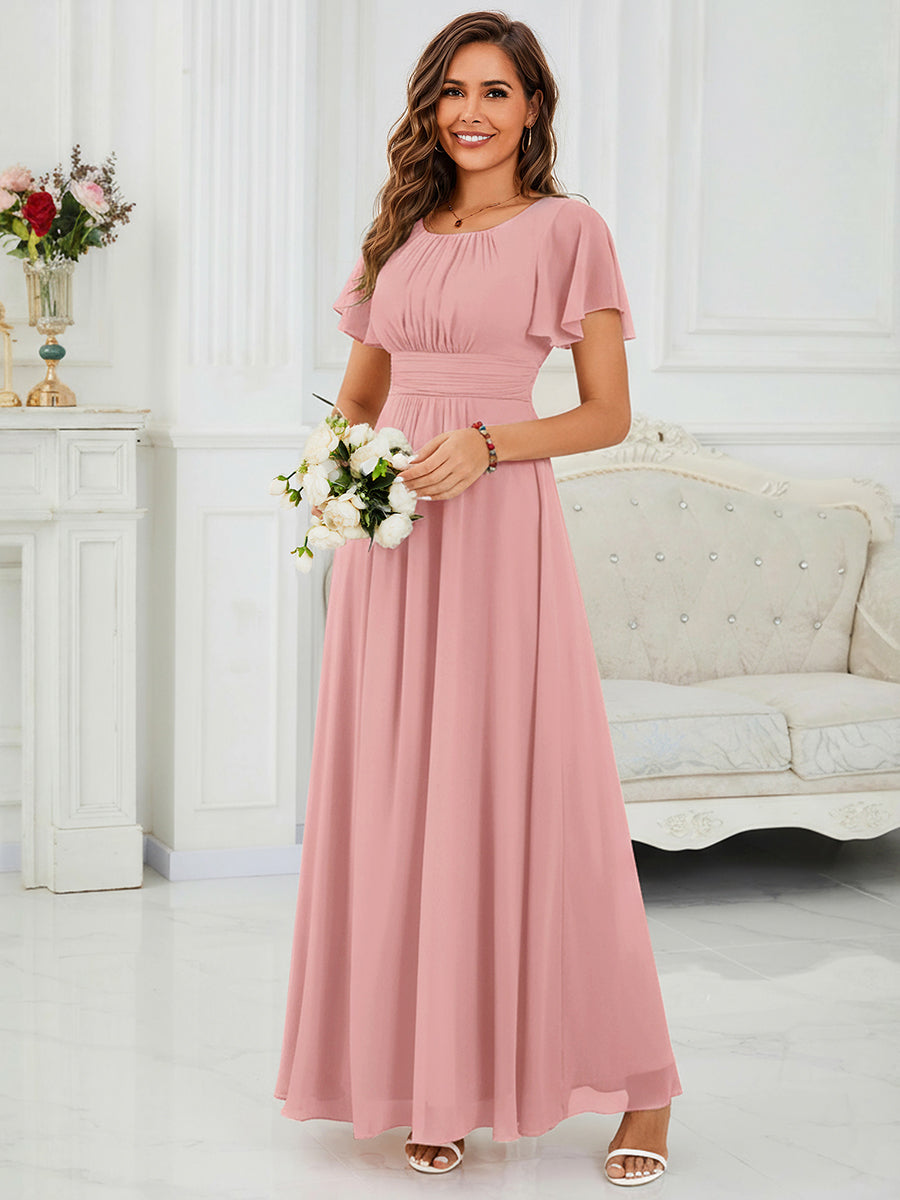 Robe de demoiselle d'honneur trapèze plissée en mousseline de soie simple, encolure ronde #Couleur_Rose fumee