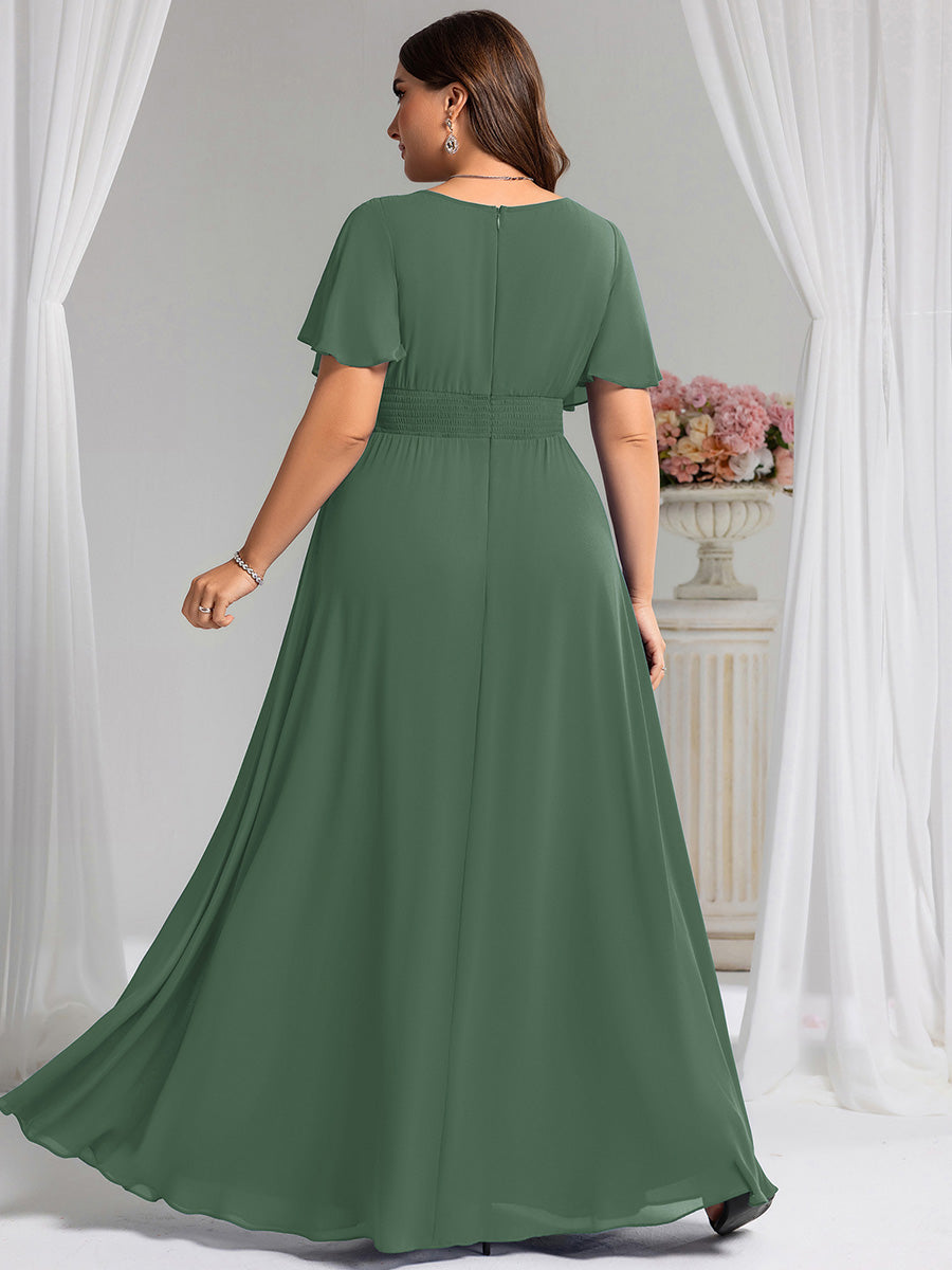 Robe de demoiselle d'honneur trapèze plissée en mousseline de soie simple, encolure ronde #Couleur_Eucalyptus