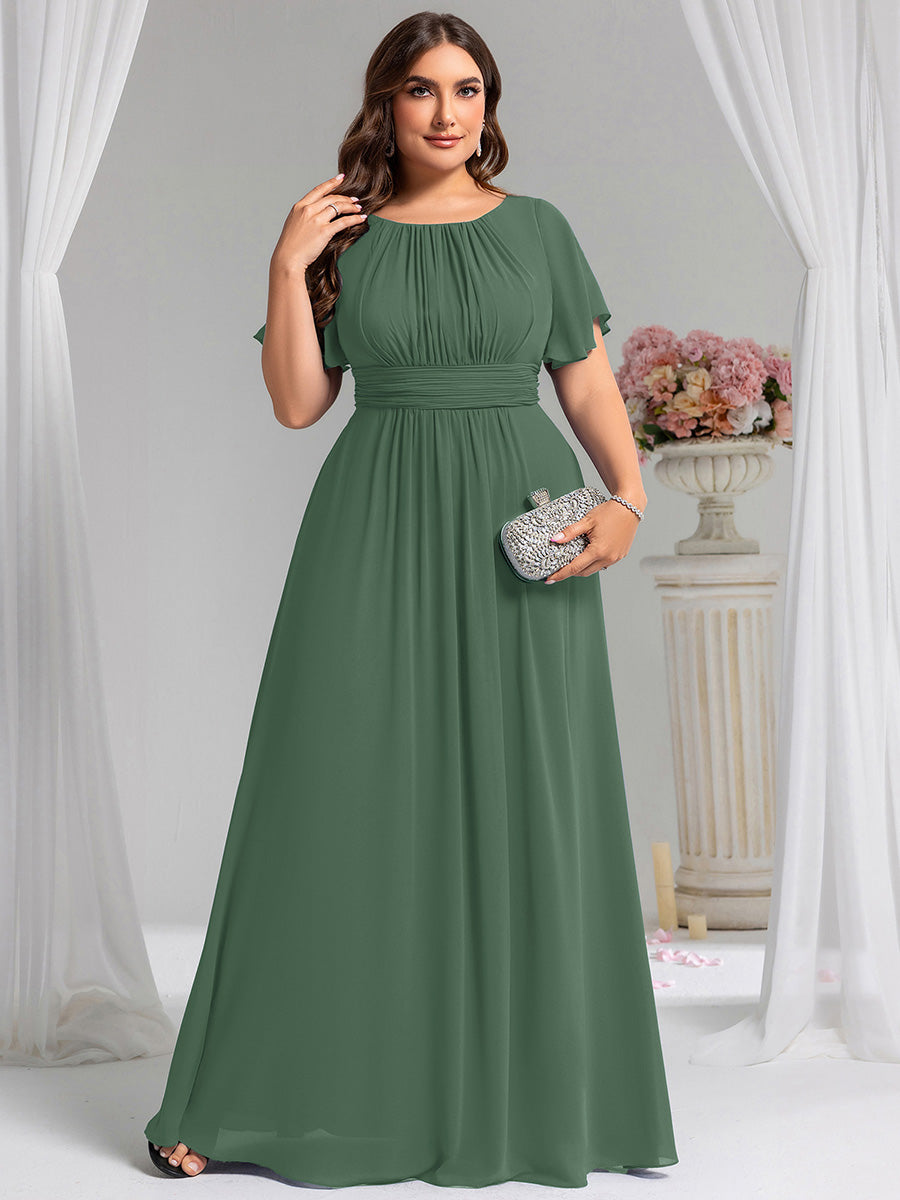 Robe de demoiselle d'honneur trapèze plissée en mousseline de soie simple, encolure ronde #Couleur_Eucalyptus