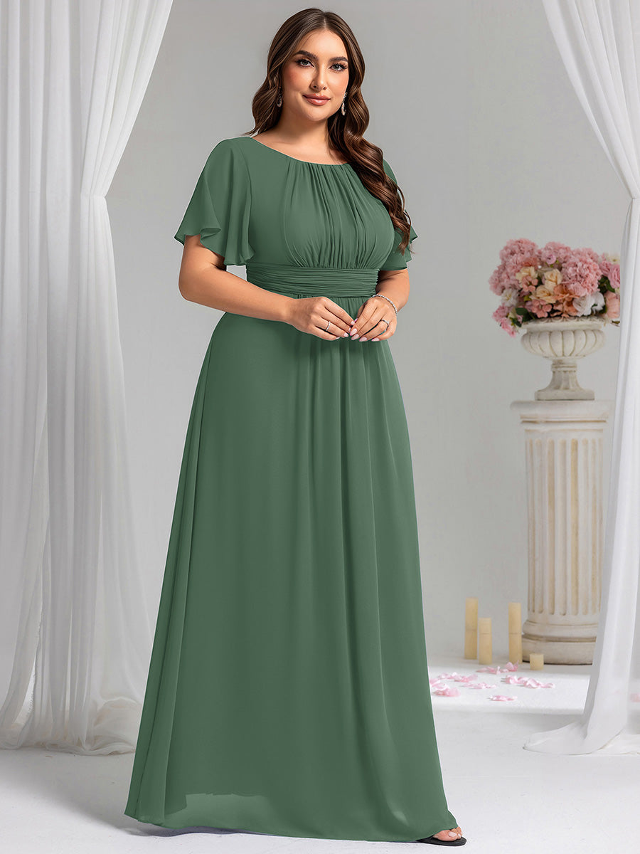 Robe de demoiselle d'honneur trapèze plissée en mousseline de soie simple, encolure ronde #Couleur_Eucalyptus