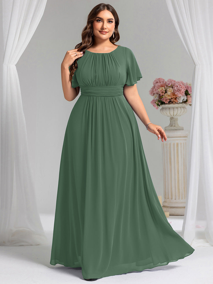 Robe de demoiselle d'honneur trapèze plissée en mousseline de soie simple, encolure ronde #Couleur_Eucalyptus