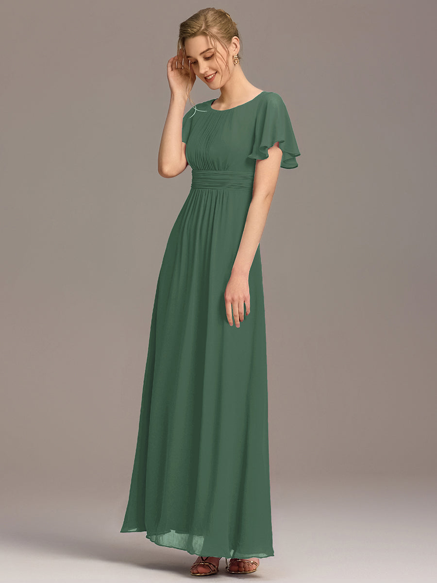 Robe de demoiselle d'honneur trapèze plissée en mousseline de soie simple, encolure ronde #Couleur_Eucalyptus