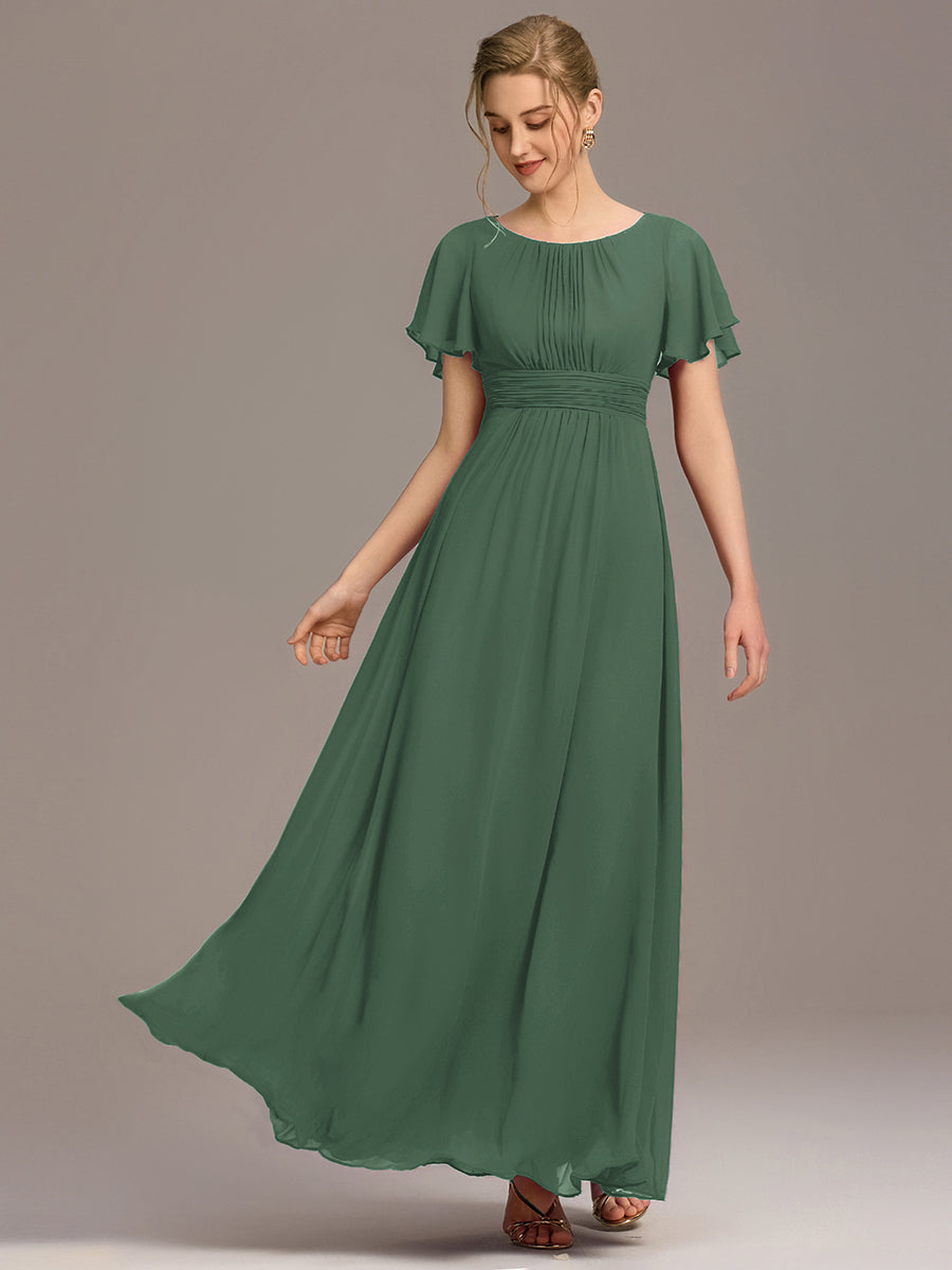 Robe de demoiselle d'honneur trapèze plissée en mousseline de soie simple, encolure ronde #Couleur_Eucalyptus