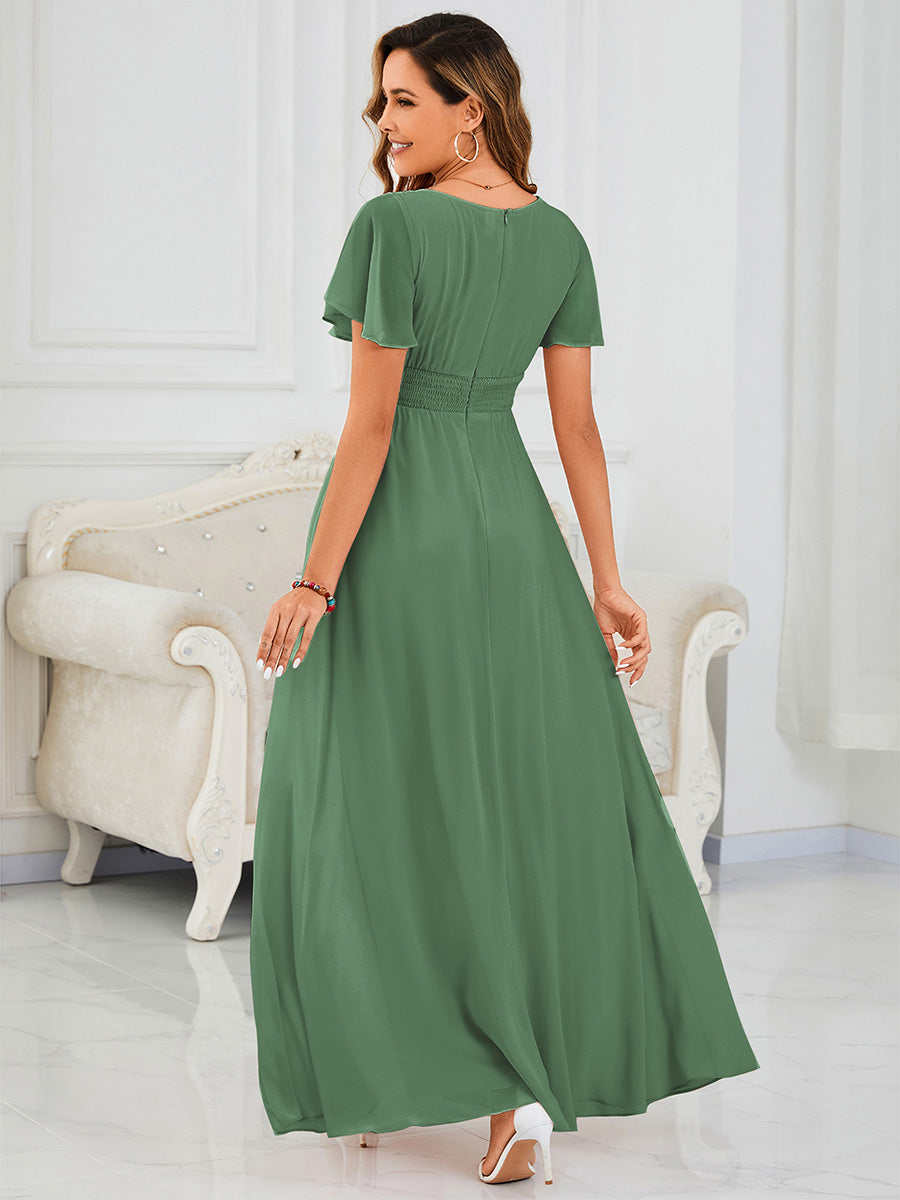 Robe D'invité De Mariage En Mousseline De Soie Mi-Longue Plissée à Manches à Volants Et Col En V #Couleur_Haricot Vert