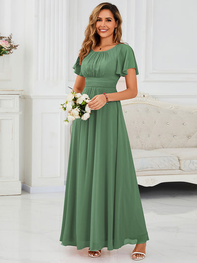 Robe de demoiselle d'honneur trapèze plissée en mousseline de soie simple, encolure ronde