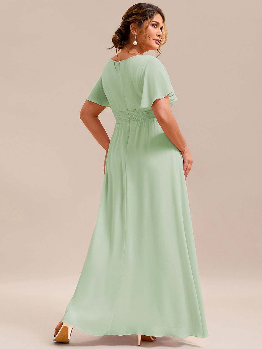 Robe D'invité De Mariage En Mousseline De Soie Mi-Longue Plissée à Manches à Volants Et Col En V  #Couleur_Menthe Verte