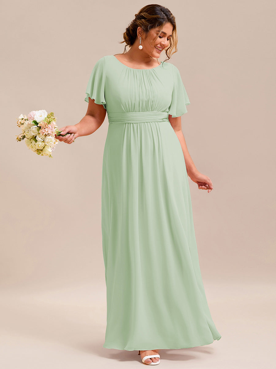 Robe D'invité De Mariage En Mousseline De Soie Mi-Longue Plissée à Manches à Volants Et Col En V  #Couleur_Menthe Verte