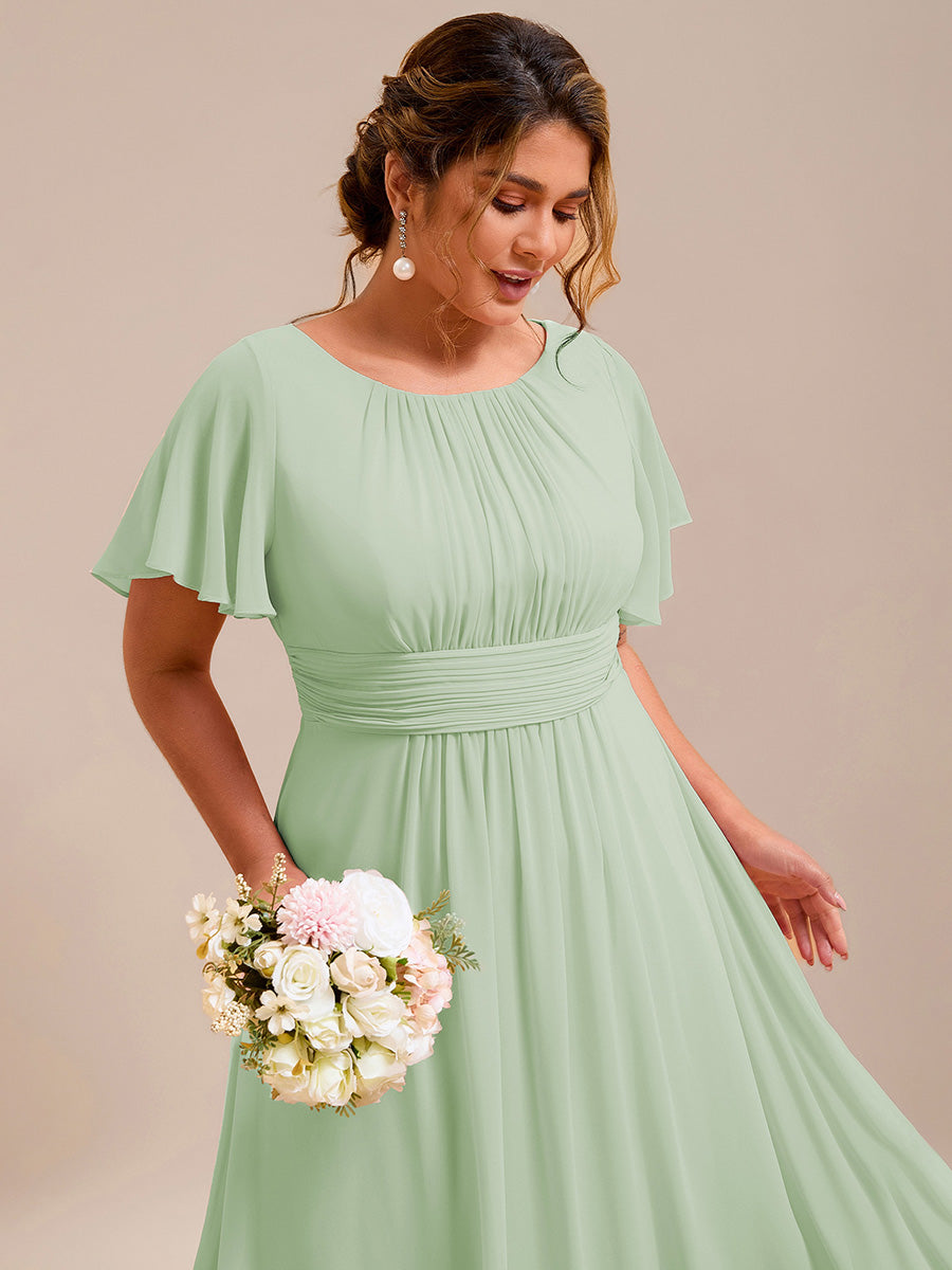 Robe D'invité De Mariage En Mousseline De Soie Mi-Longue Plissée à Manches à Volants Et Col En V  #Couleur_Menthe Verte
