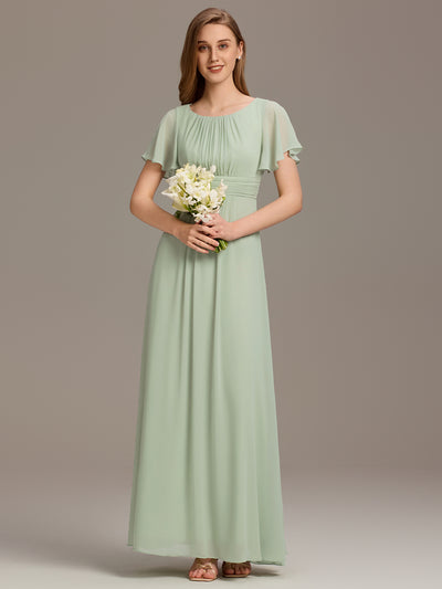 Robe de demoiselle d'honneur trapèze plissée en mousseline de soie simple, encolure ronde