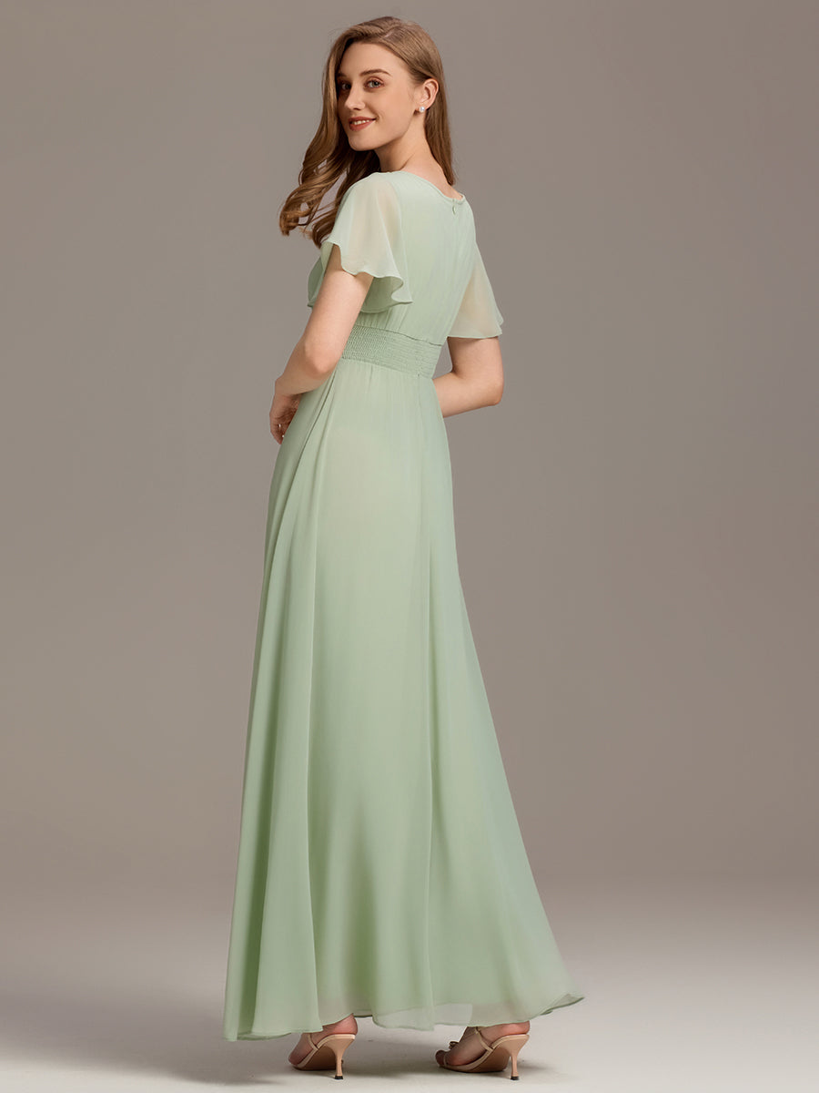 Robe D'invité De Mariage En Mousseline De Soie Mi-Longue Plissée à Manches à Volants Et Col En V  #Couleur_Menthe Verte