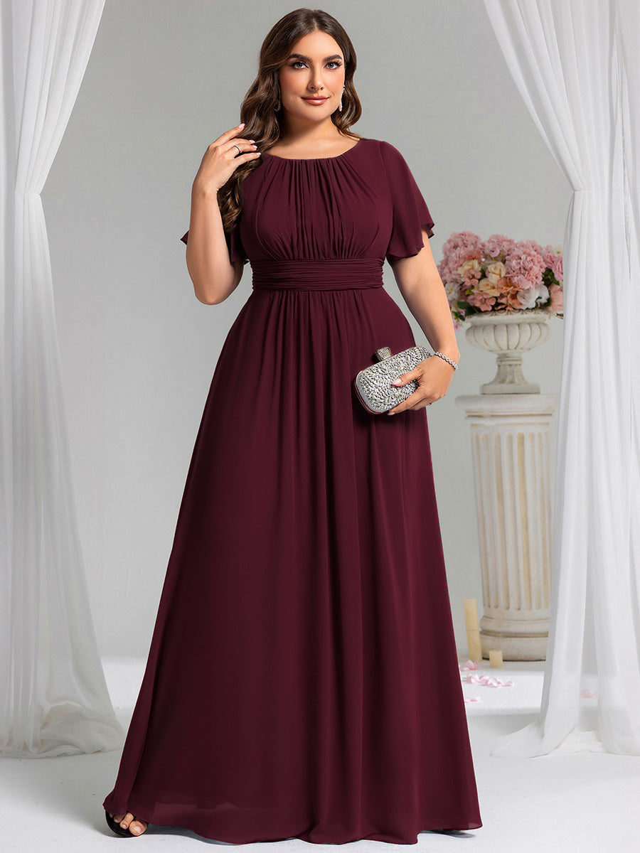 Robe de demoiselle d'honneur trapèze plissée en mousseline de soie simple, encolure ronde #Couleur_Pourpre