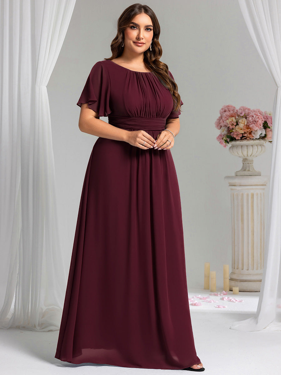 Robe de demoiselle d'honneur trapèze plissée en mousseline de soie simple, encolure ronde #Couleur_Pourpre