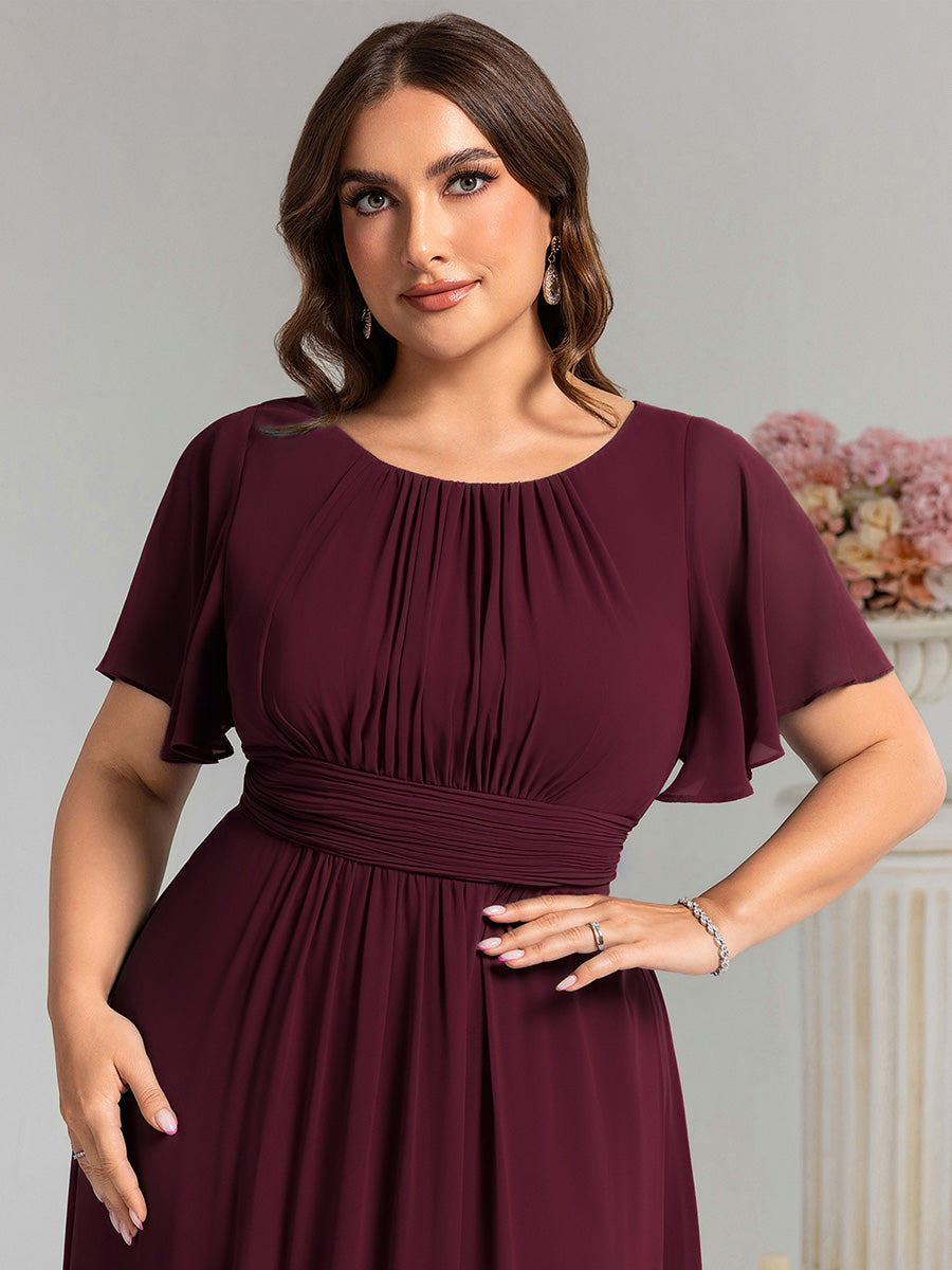 Robe de demoiselle d'honneur trapèze plissée en mousseline de soie simple, encolure ronde #Couleur_Pourpre
