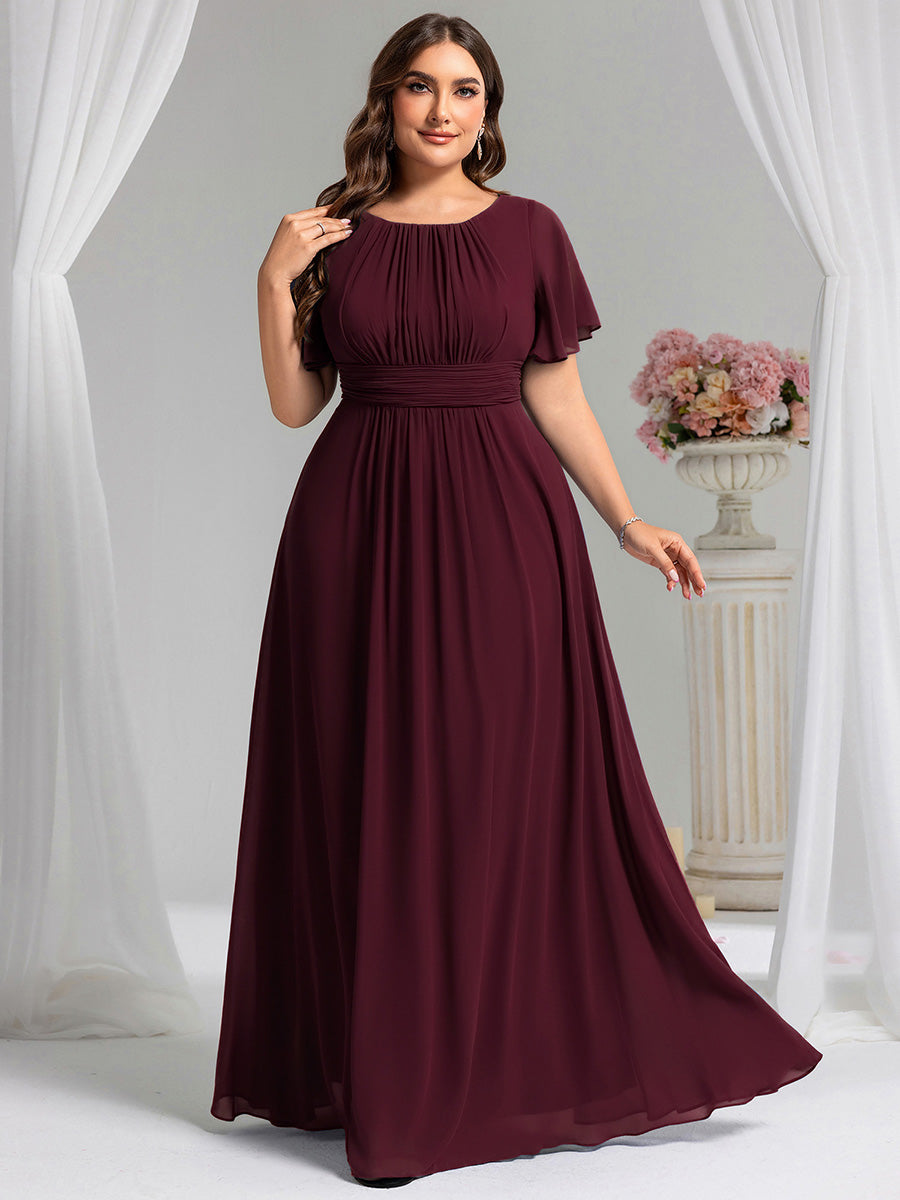 Robe de demoiselle d'honneur trapèze plissée en mousseline de soie simple, encolure ronde #Couleur_Pourpre