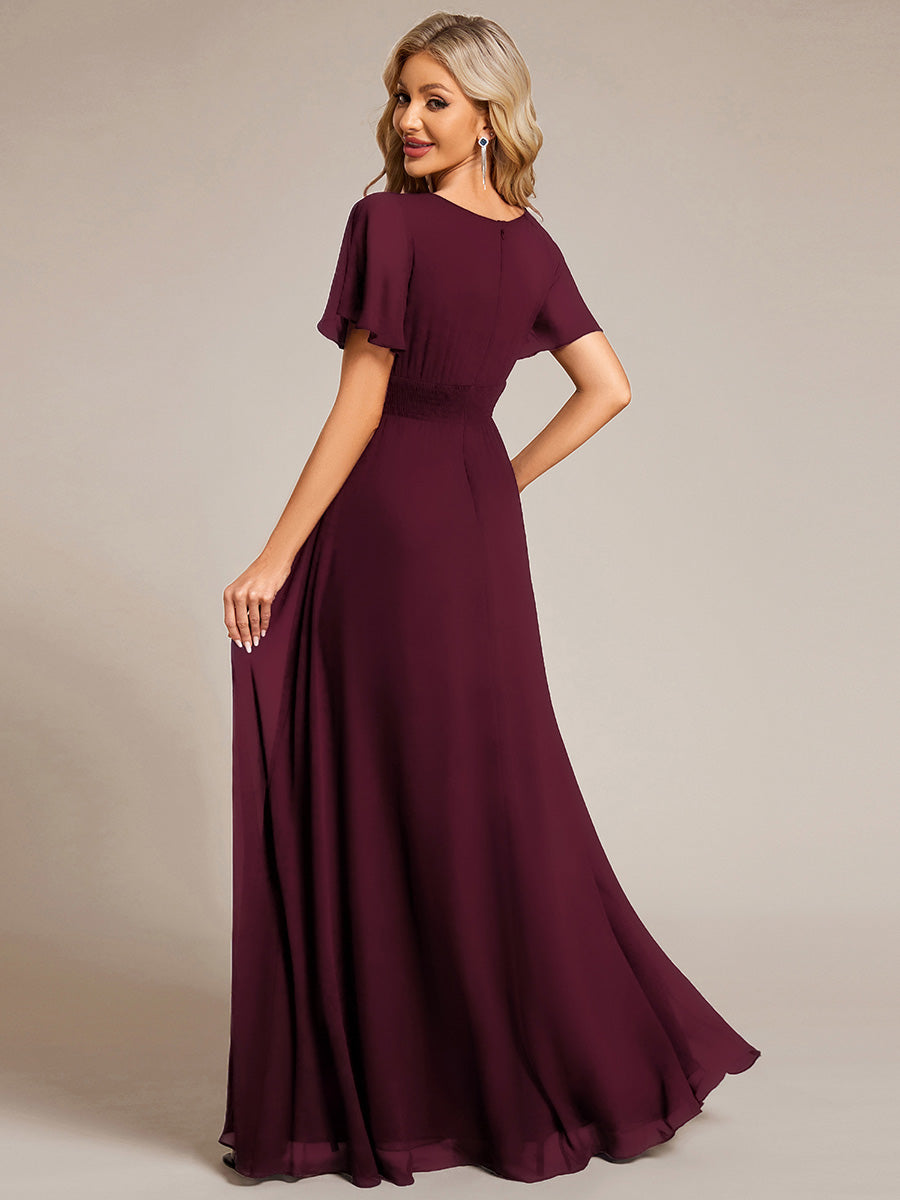Robe de demoiselle d'honneur trapèze plissée en mousseline de soie simple, encolure ronde #Couleur_Pourpre