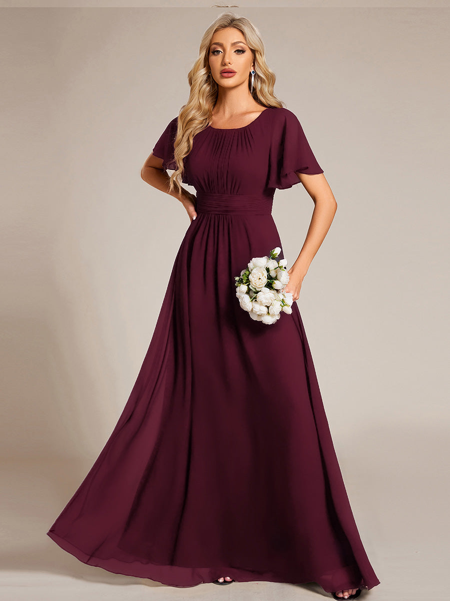 Robe de demoiselle d'honneur trapèze plissée en mousseline de soie simple, encolure ronde #Couleur_Pourpre